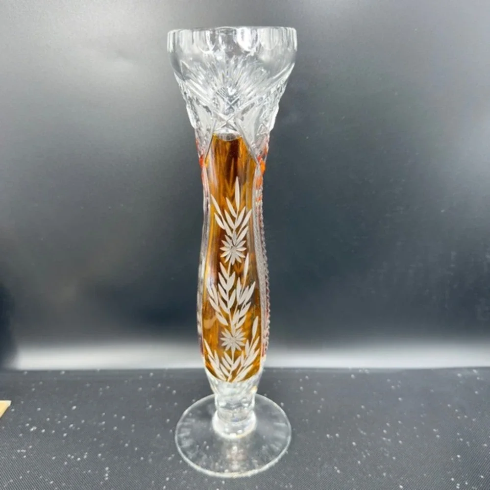 Vintage Bohemian Glass Amber‎ Cut to Clear Crystal Bud Vase Floral Wheat Pattern